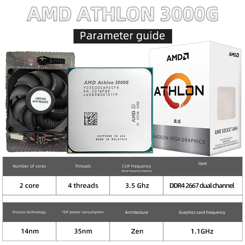 Procesador AMD Athlon 3000G X2 3000G 3.5 GHz Dual-Core Quad-Thread AM4 + Cooler