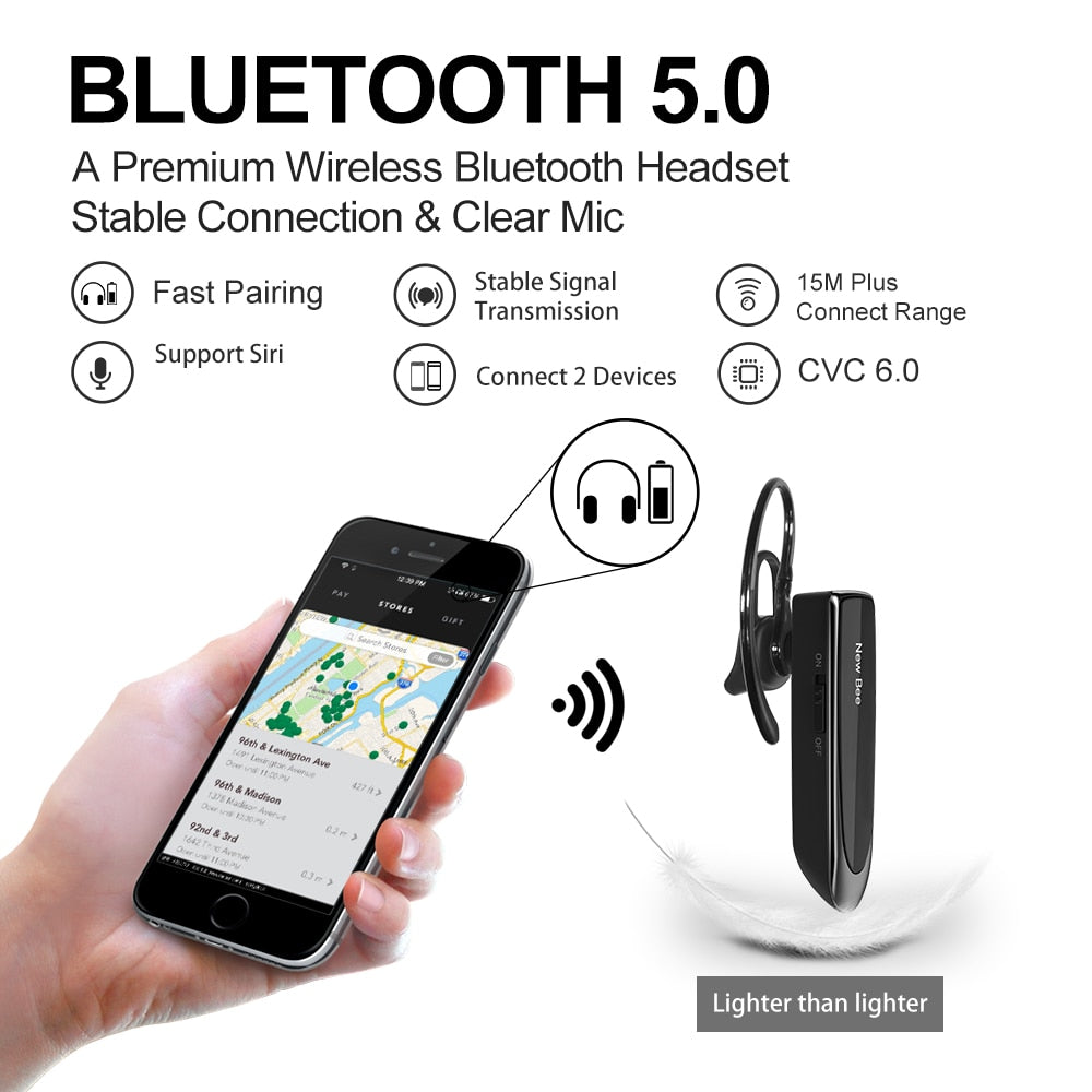 New Bee Bluetooth 5.0 Wireless Audifono y microfono 24Hrs para telefonos inteligentes