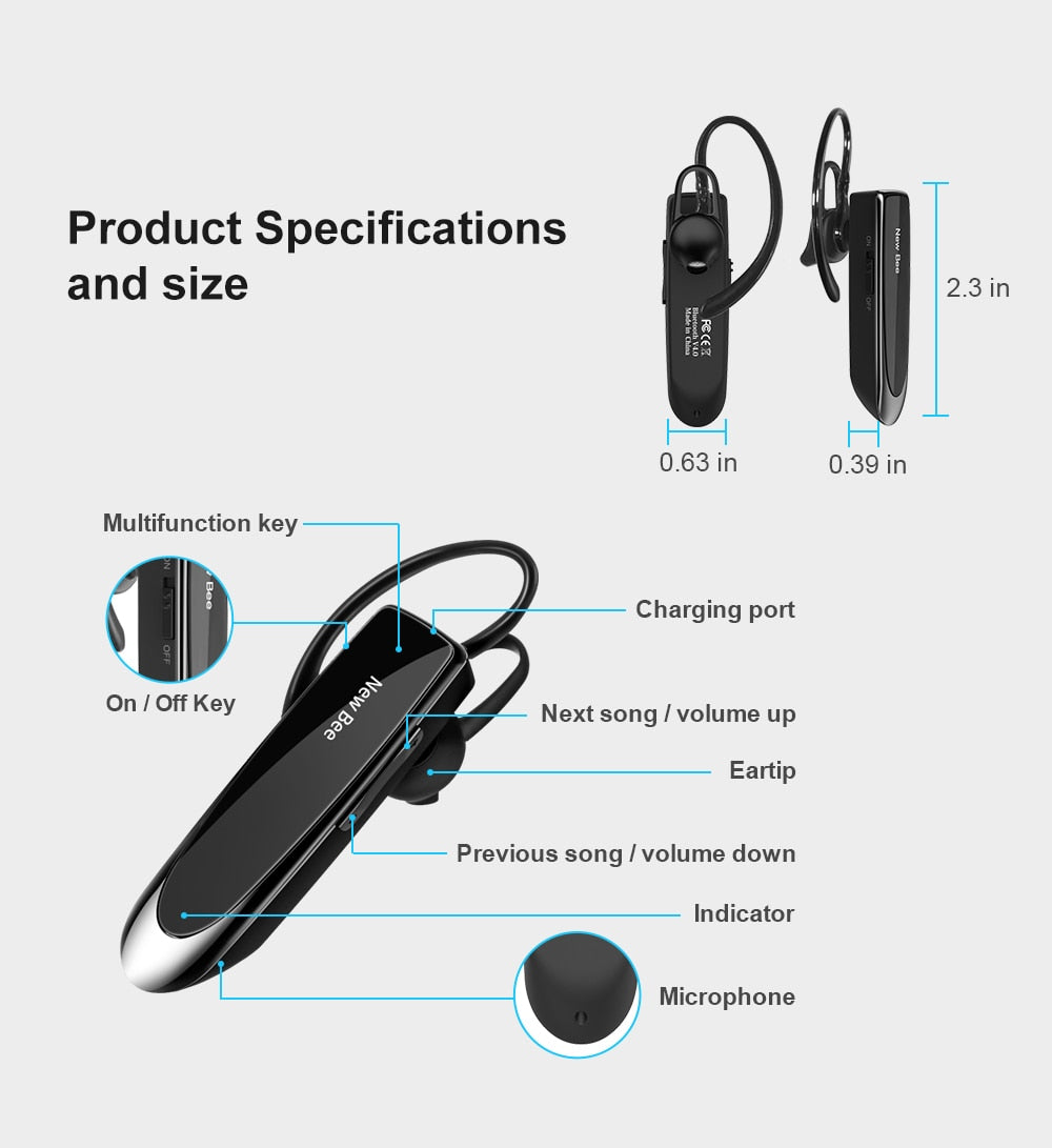 New Bee Bluetooth 5.0 Wireless Audifono y microfono 24Hrs para telefonos inteligentes