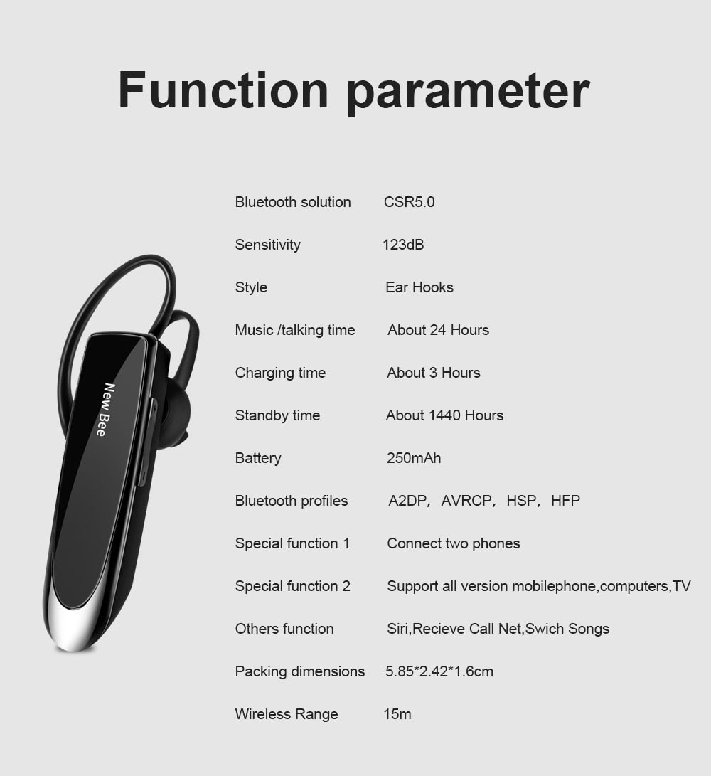 New Bee Bluetooth 5.0 Wireless Audifono y microfono 24Hrs para telefonos inteligentes